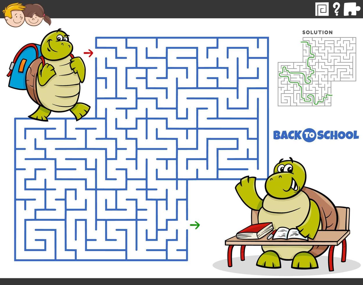 labyrintspel med tecknad sköldpadda elev som går till skolan vektor