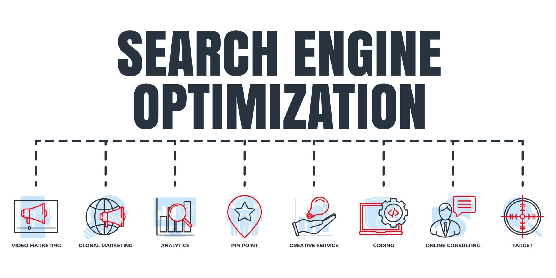 sökmotoroptimering. seo banner web ikonuppsättning. kreativ tjänst, videomarknadsföring, mål, kodning, pin point, onlinekonsult, global marknadsföring, analytics vektorillustration koncept. vektor