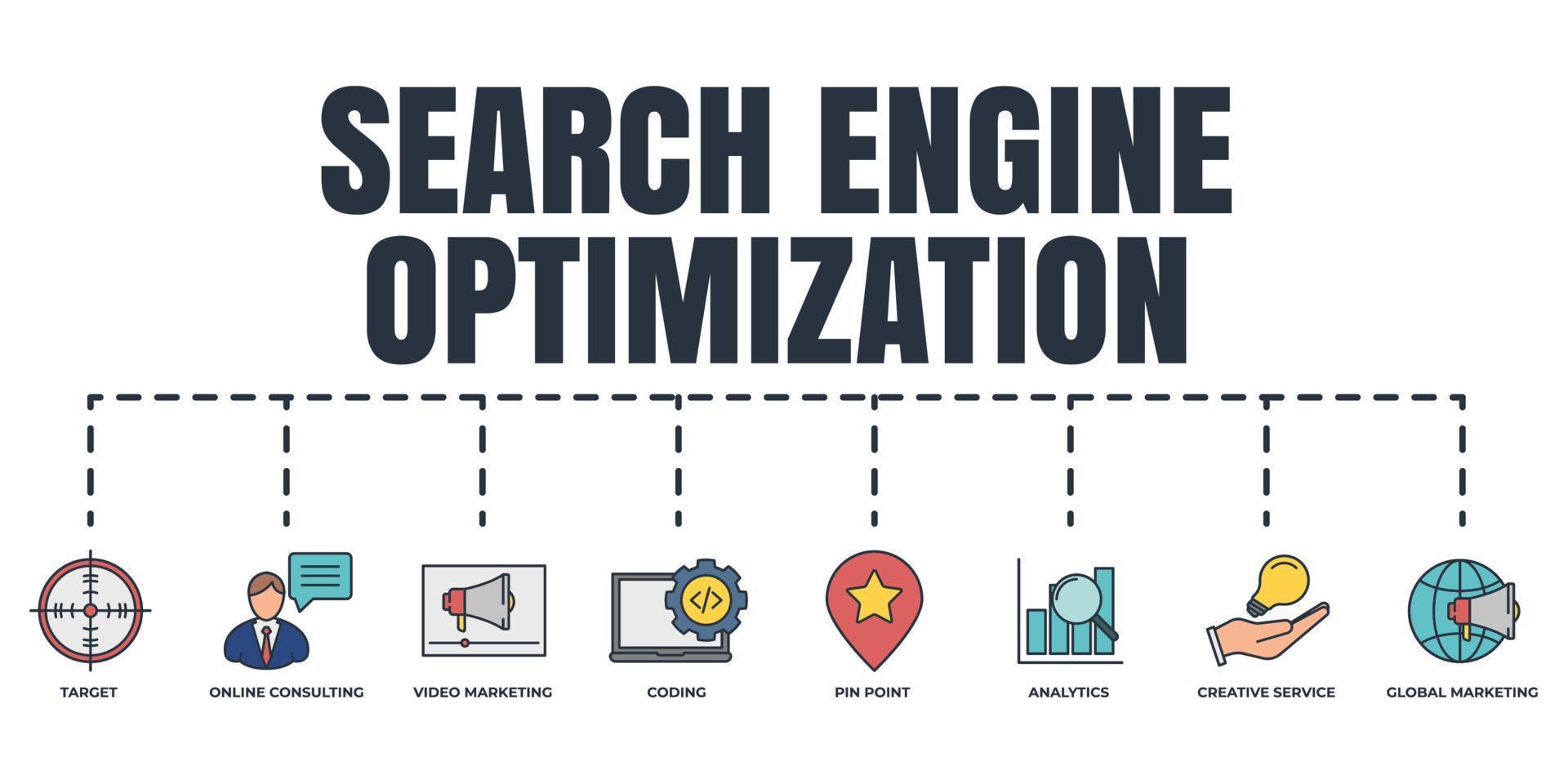 Suchmaschinenoptimierung. SEO-Banner-Web-Icon-Set. kreativer service, videomarketing, ziel, codierung, pinpoint, online-beratung, globales marketing, analytisches vektorillustrationskonzept. vektor