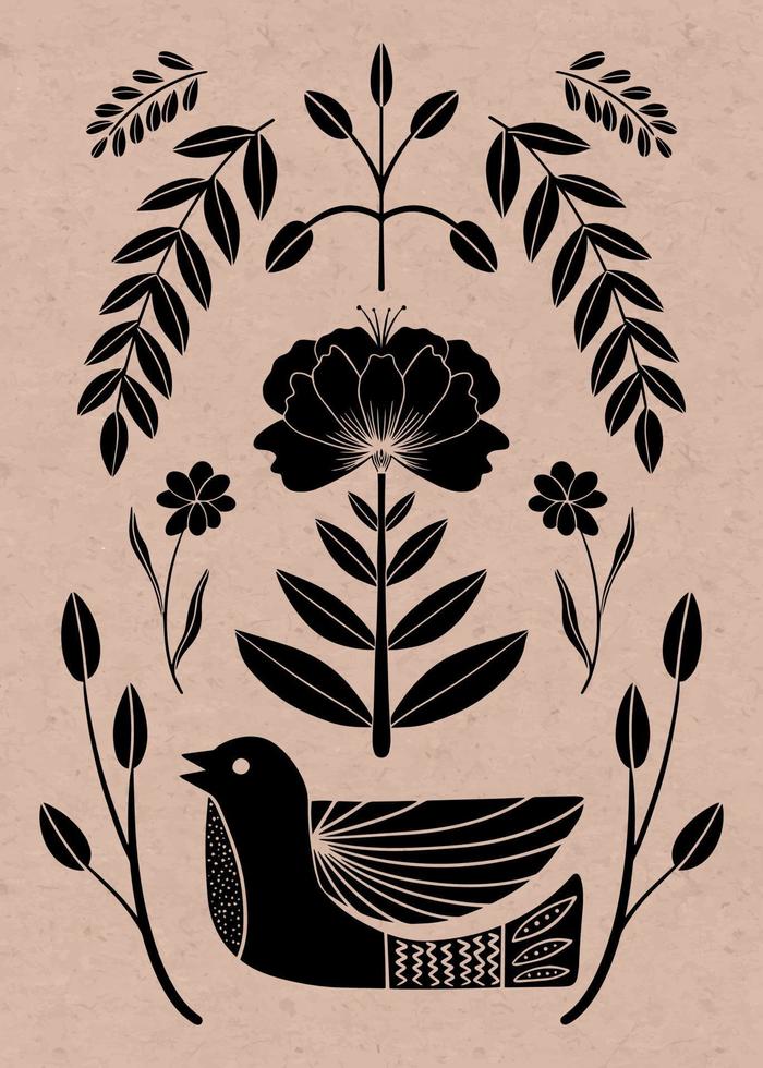 symmetrisches Ornament mit Vogel, Blumen und Blättern mit verschiedenen Volkskompositionen. Motiv im skandinavischen Stil. ethnische flache illustration mit papierstruktur in schwarz. vektor