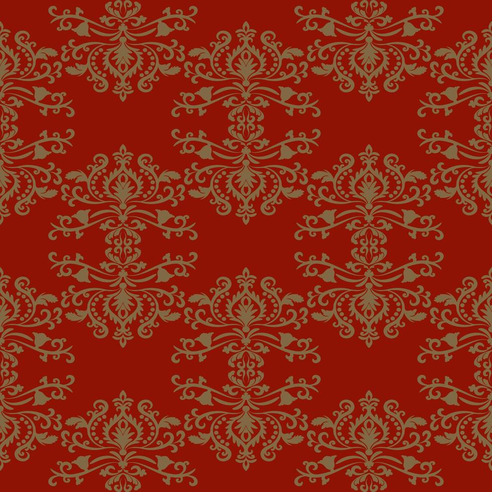 Goldweinlesedamast-Artmuster auf rotem Hintergrund. Nahtloses Vektormuster für Stoff, Tapeten, Fliesen oder Verpackungen. vektor