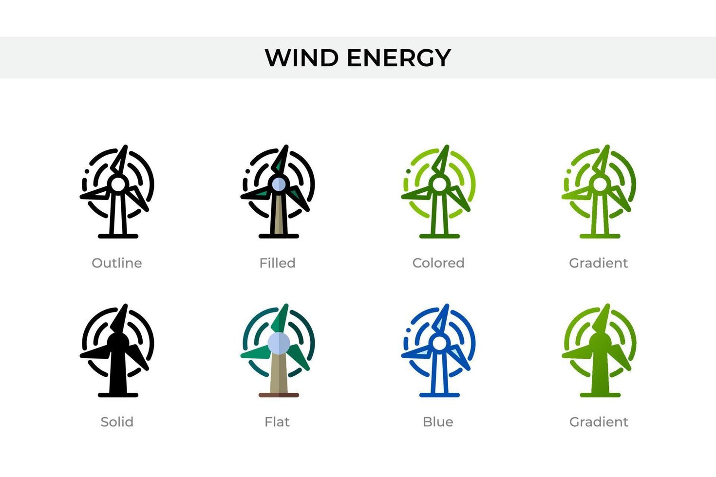 Windenergie-Symbol in verschiedenen Stilen. Windenergie-Vektorsymbole, die in Umrissen, soliden, farbigen, gefüllten, Farbverläufen und flachen Stilen entworfen wurden. Symbol, Logoabbildung. Vektor-Illustration vektor