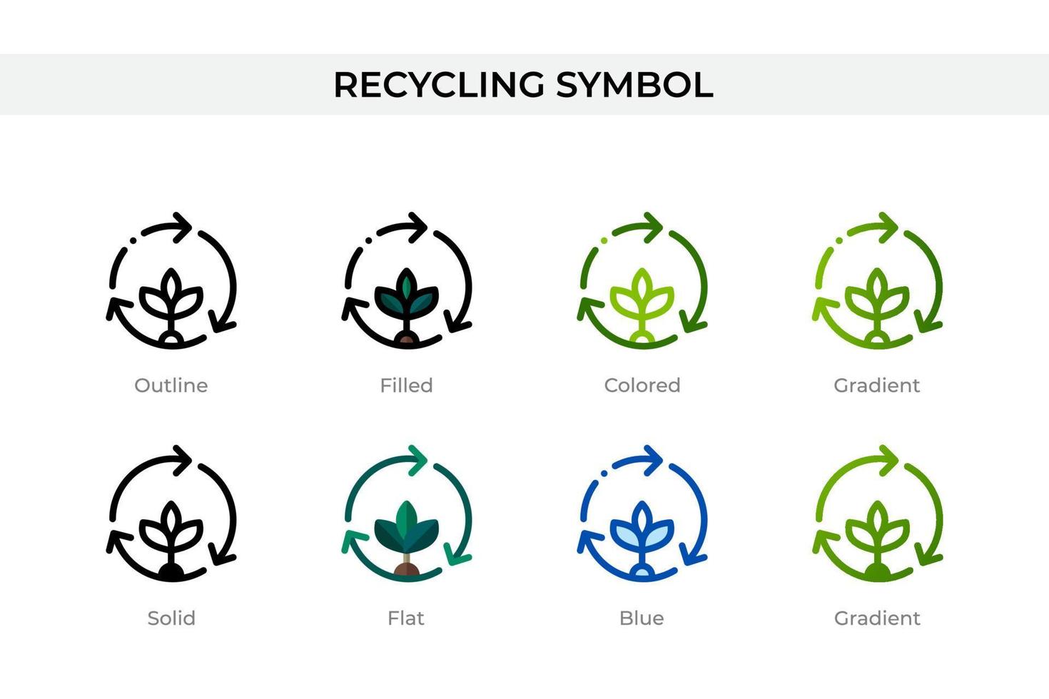 Recycling-Symbol-Symbol in verschiedenen Stilen. Recycling-Symbol-Vektorsymbole, die in Umrissen, soliden, farbigen, gefüllten, Farbverläufen und flachen Stilen entworfen wurden. Symbol, Logoabbildung. Vektor-Illustration vektor