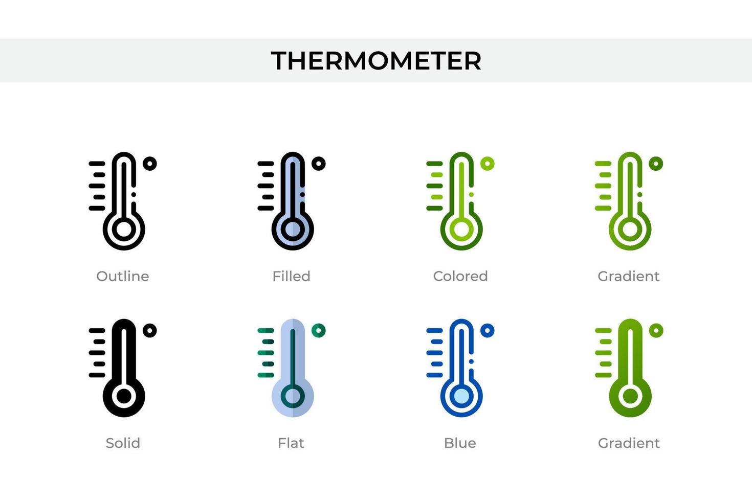 Thermometer-Symbol in verschiedenen Stilen. Thermometer-Vektorsymbole in Umrissen, soliden, farbigen, gefüllten, Farbverläufen und flachen Stilen. Symbol, Logoabbildung. Vektor-Illustration vektor
