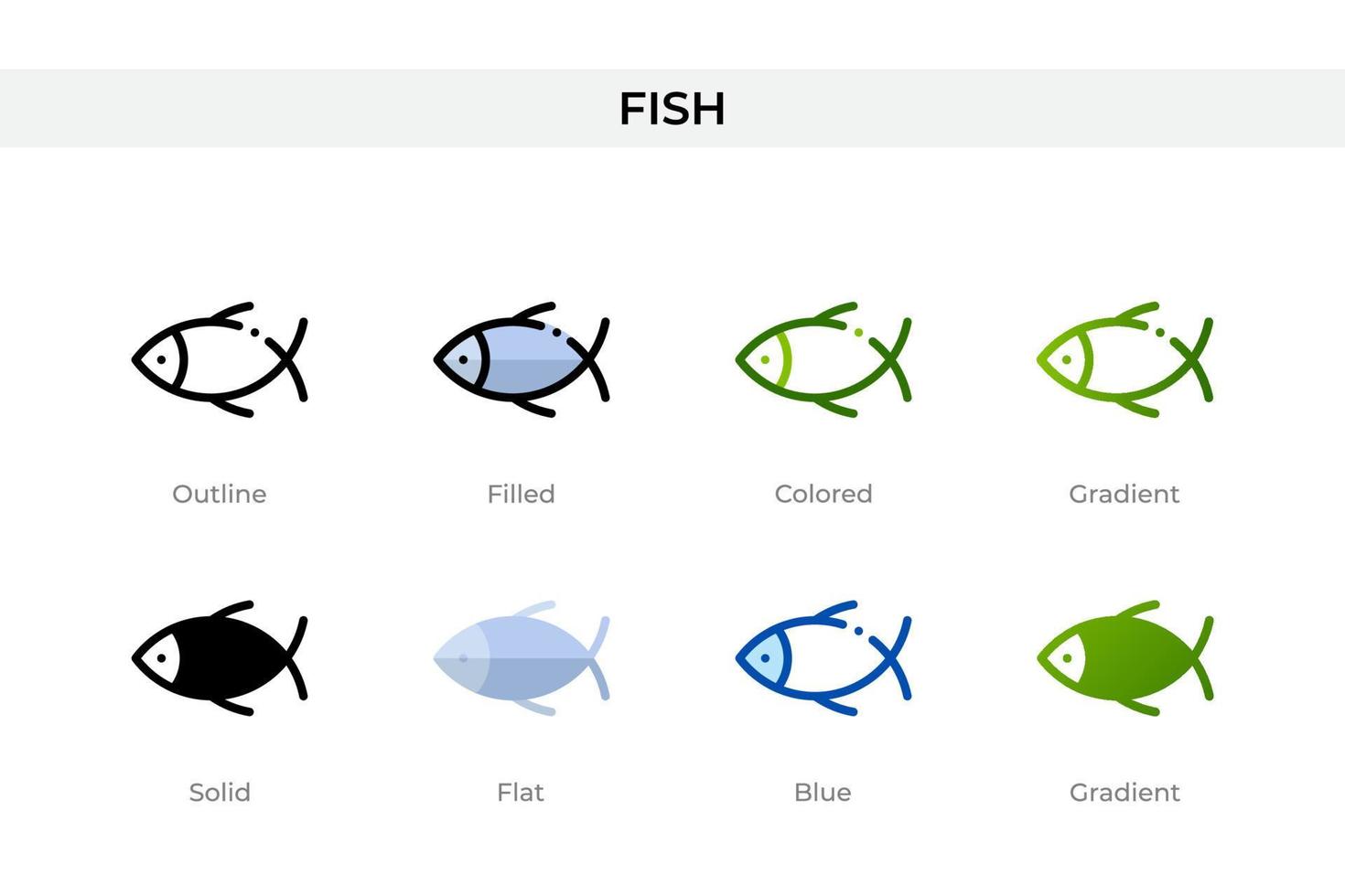 Fischsymbol in verschiedenen Stilen. Fischvektorsymbole, die in Umrissen, soliden, farbigen, gefüllten, Farbverläufen und flachen Stilen entworfen wurden. Symbol, Logoabbildung. Vektor-Illustration vektor