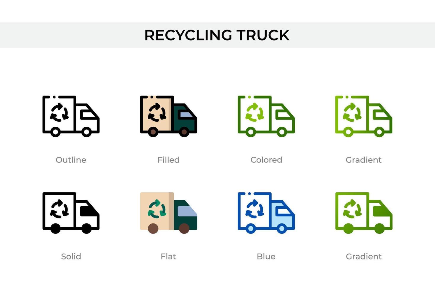 Recycling-LKW-Symbol in verschiedenen Stilen. Recycling-LKW-Vektorsymbole, die in Umrissen, soliden, farbigen, gefüllten, Farbverläufen und flachen Stilen entworfen wurden. Symbol, Logoabbildung. Vektor-Illustration vektor