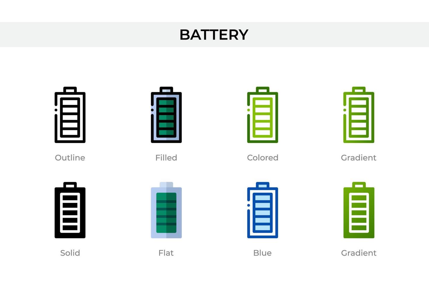 Batteriesymbol in verschiedenen Stilen. Batterievektorsymbole, die in Umrissen, soliden, farbigen, gefüllten, Farbverläufen und flachen Stilen gestaltet sind. Symbol, Logoabbildung. Vektor-Illustration vektor