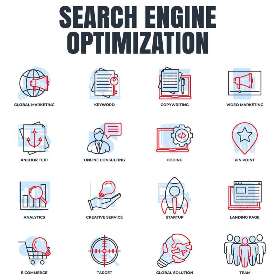 satz der suchmaschinenoptimierung symbol logo vektor illustration. SEO-Optimierungspaket-Symbolvorlage für Grafik- und Webdesign-Sammlung.