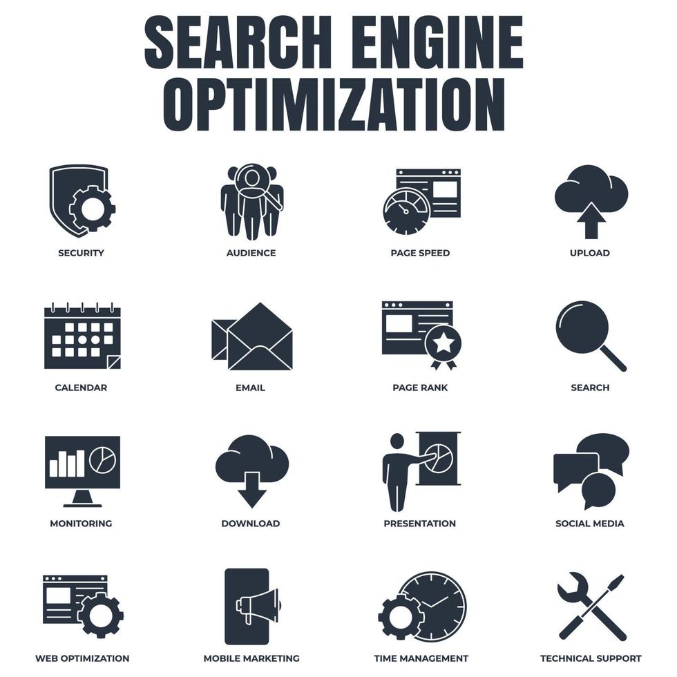 satz der suchmaschinenoptimierung symbol logo vektor illustration. SEO-Optimierungspaket-Symbolvorlage für Grafik- und Webdesign-Sammlung.