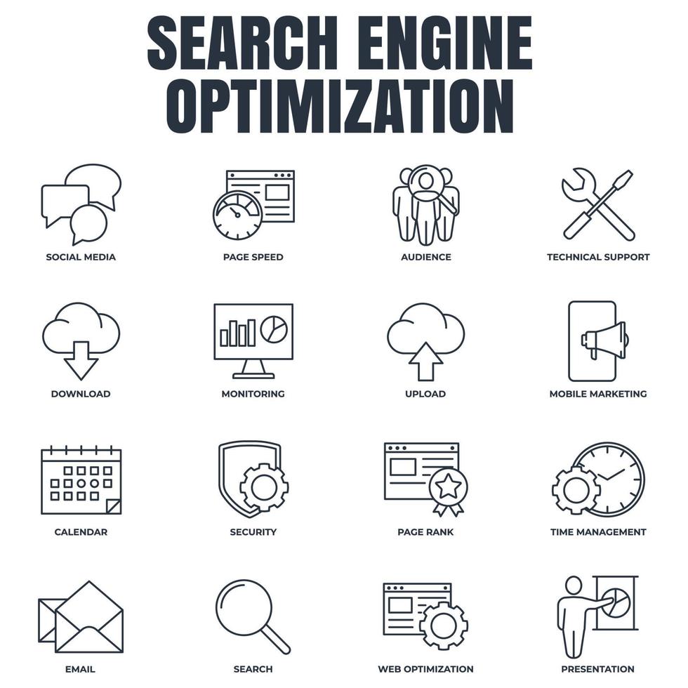 satz der suchmaschinenoptimierung symbol logo vektor illustration. SEO-Optimierungspaket-Symbolvorlage für Grafik- und Webdesign-Sammlung.