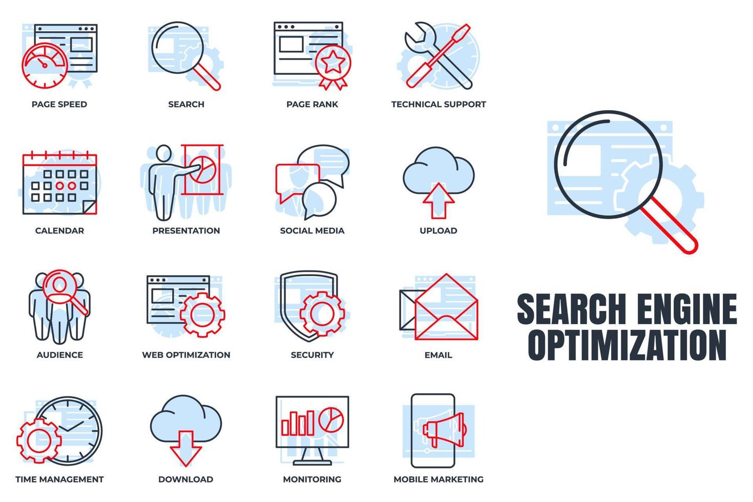 satz der suchmaschinenoptimierung symbol logo vektor illustration. SEO-Optimierungspaket-Symbolvorlage für Grafik- und Webdesign-Sammlung.