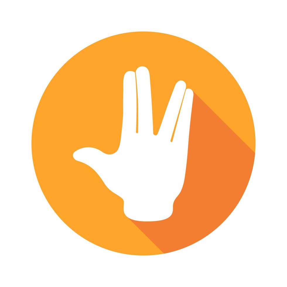 Vektor-Flachsymbol-Gruß. mit der Hand unterschreiben. Kommunikationssymbol. weiße Hand mit Geste auf orangefarbenem rundem Hintergrund isoliert auf weiß. Web-Schaltfläche. Stimmungsaufkleber vektor