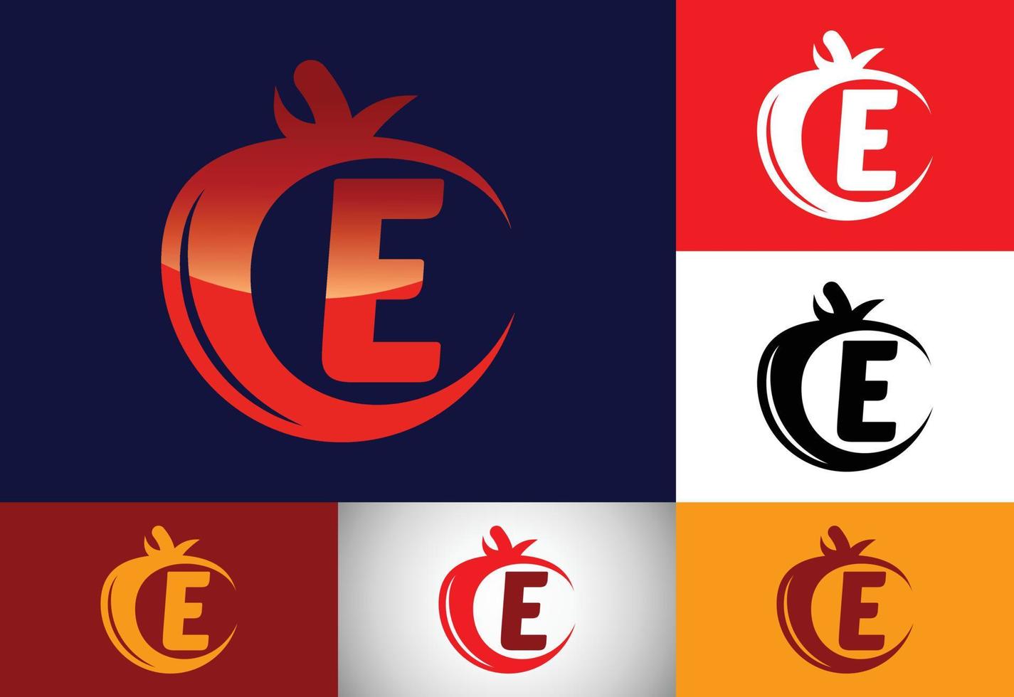 anfängliches e-monogrammalphabet mit tomate. Tomaten-Logo-Design-Vorlage. Schriftart-Emblem. Bio-Lebensmittel vektor