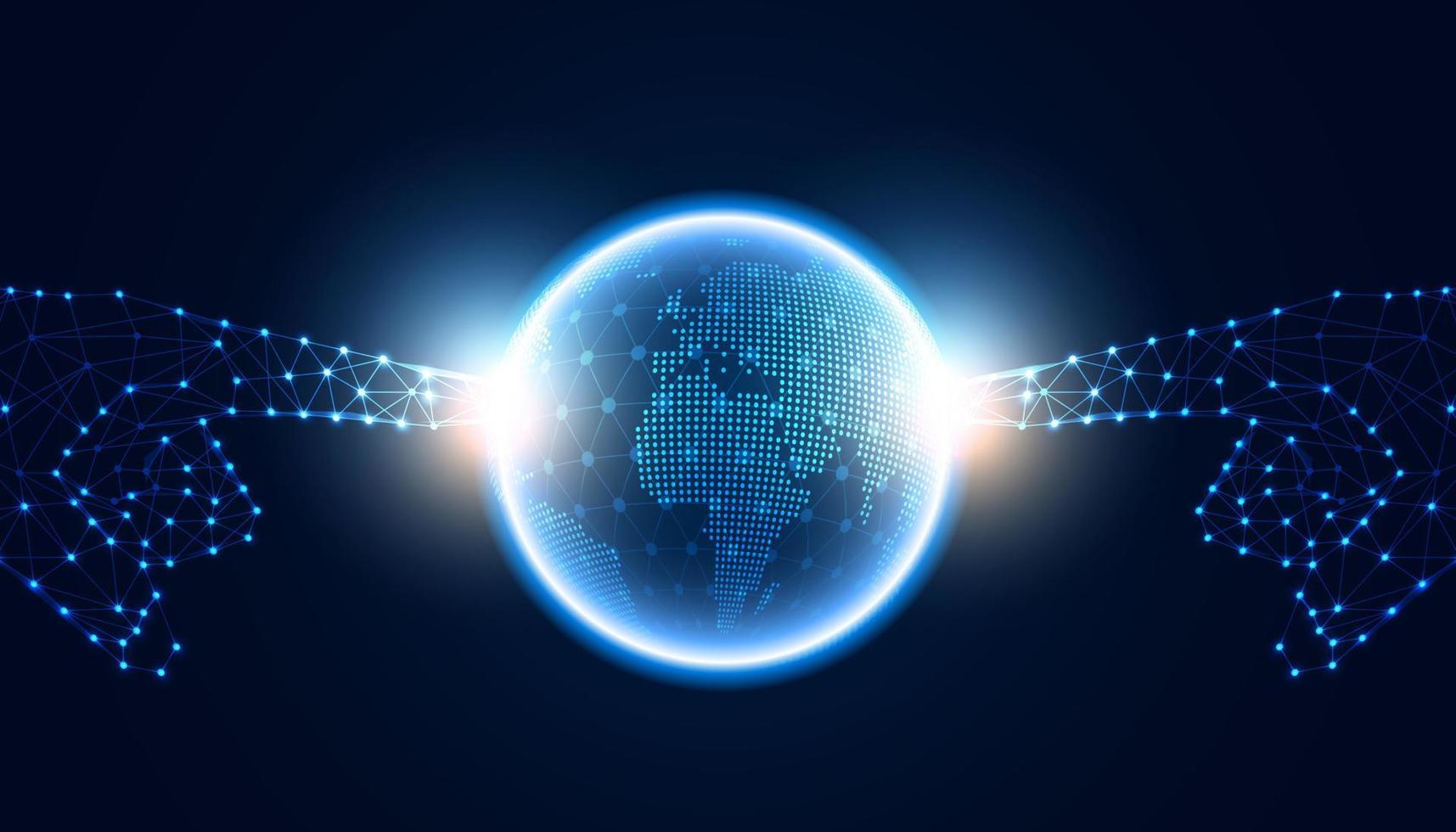 abstrakter Fingerzeig mit globalem Punktnetzwerkkreis digitale Verbindung und Kommunikation futuristisch auf blauem Hintergrund. vektor