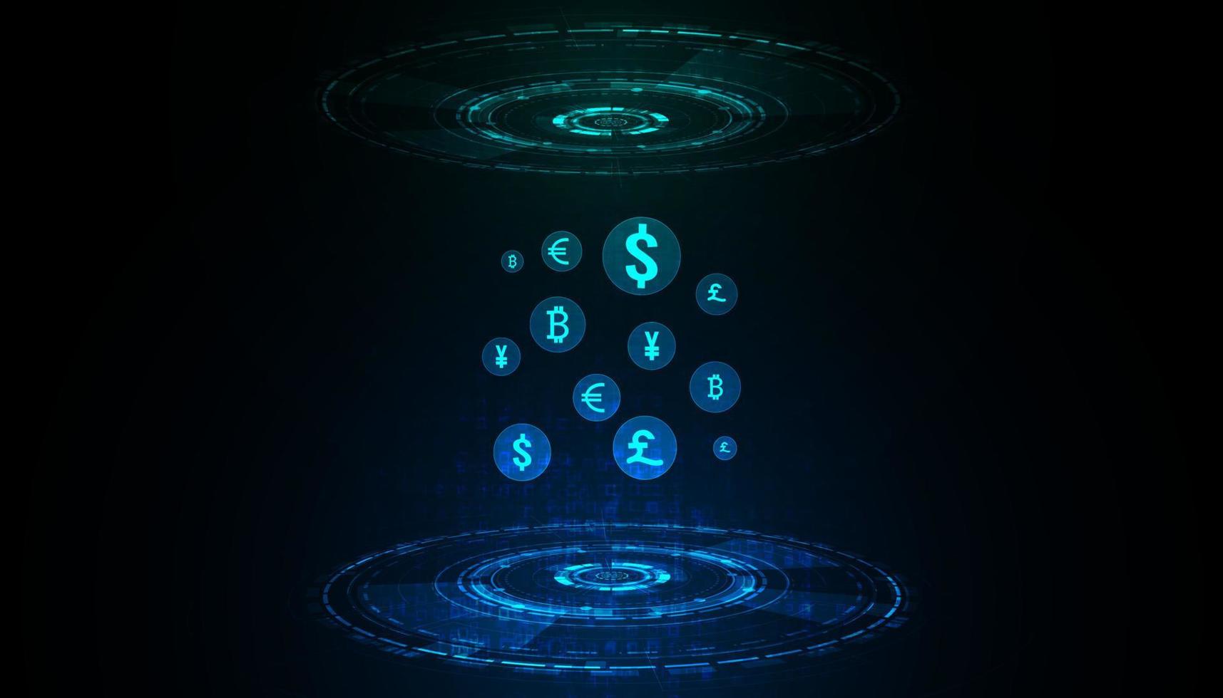 abstrakter digitaler kreis hologramm geldtransfer defi dezentralisierte finanzblockkette, kryptowährung und bitcoin, online, internettransaktion futuristisch. vektor