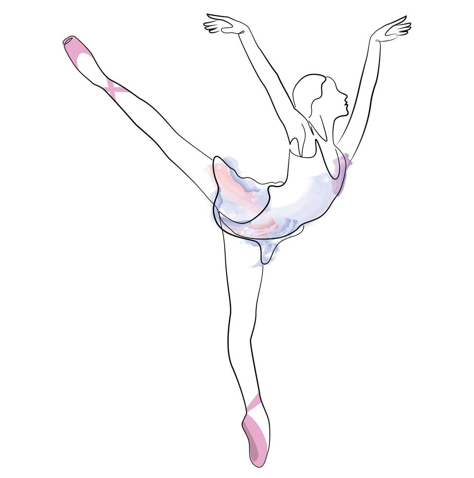 skizze einer frau in einem kleid ballett pose tänzerin linie kunst kontinuierliche kunst aquarell symbol mädchen vektor