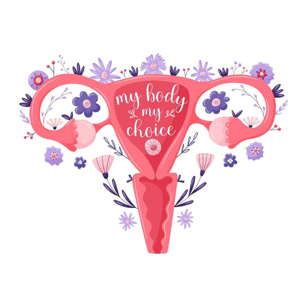 min kropp mitt val. livmodern med blommor, kvinnligt reproduktionssystem. begreppet kvinnors rättigheter till abort. abort flyer pro choice-kampanj. kvinnors rätt slogan. platt vektorillustration. vektor