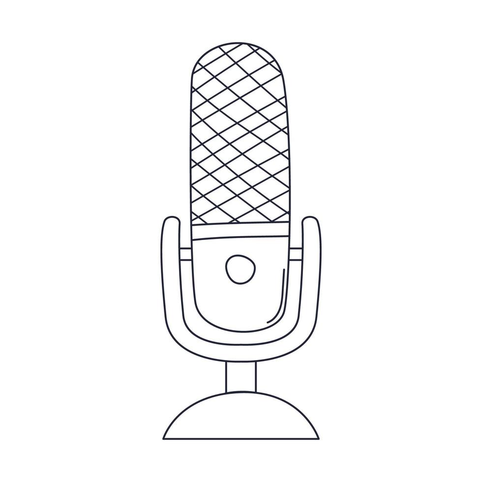 outline trådlös professionell studiomikrofon på stativ. musikalisk ljudutrustning för podcasting, sång. linjär doodle svart och vit vektorillustration isolerad på vit bakgrund. vektor