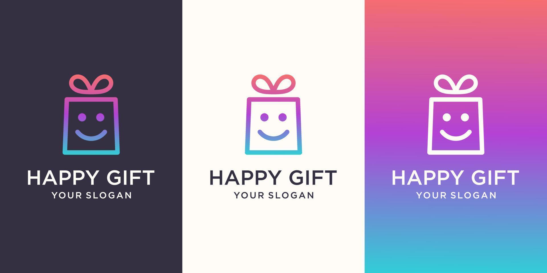 Geschenk- und Gesichtslächeln-Logo-Kombination. einzigartige Überraschungs- und Logo-Designvorlage vektor