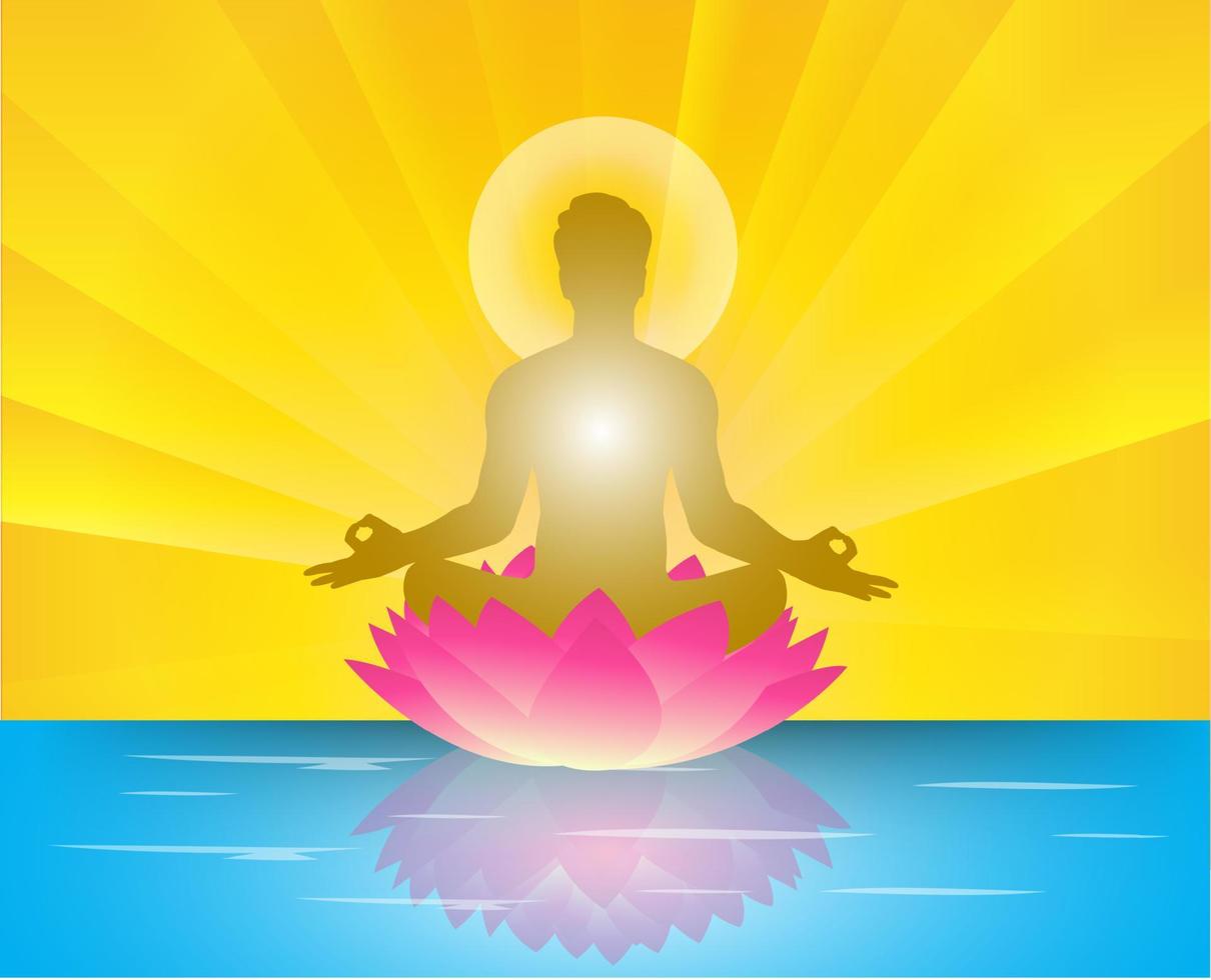 meditationsyoga med mänsklig siluett på lotusblomma vektor