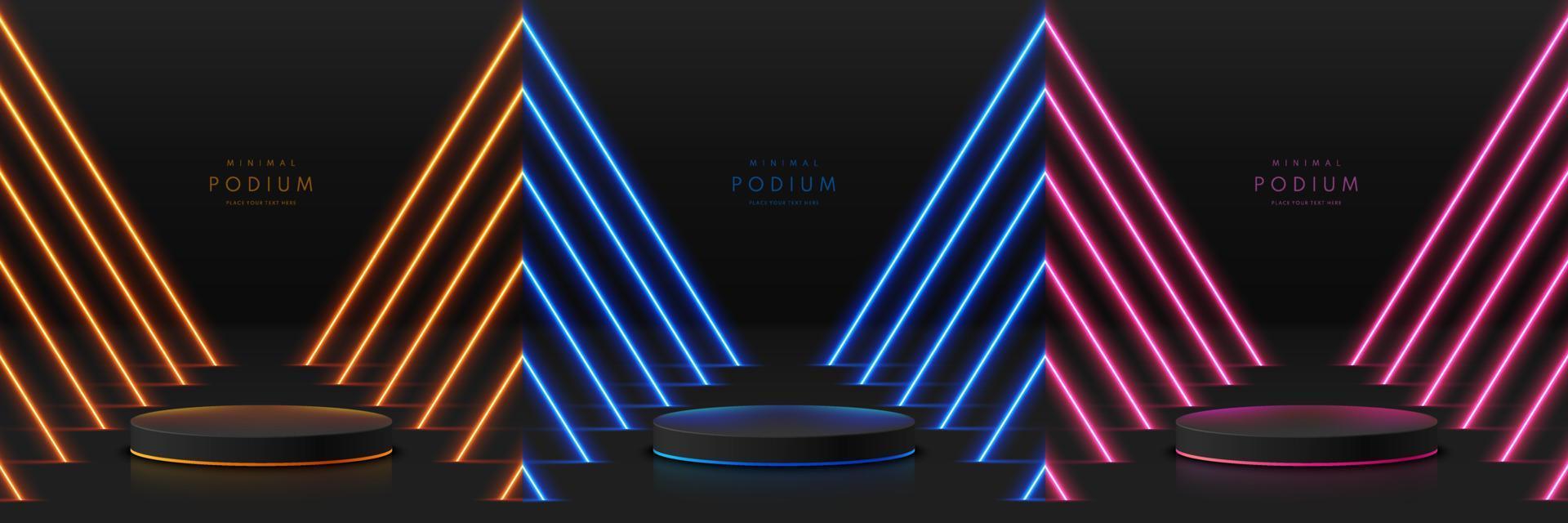 uppsättning av realistisk svart 3d cylinder piedestal podium i mörkt rum med orange, blått, rosa neonljus. abstrakt minimal scen, mockup produkter, scen showcase, promotion display. vektor geometriska former.