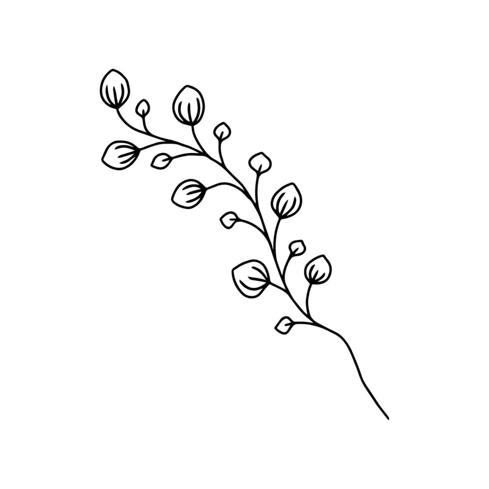handritad stam med löv, kvist och gräs i doodle stil. trädkonstdesign. isolerade svart på vitt element för design vektor