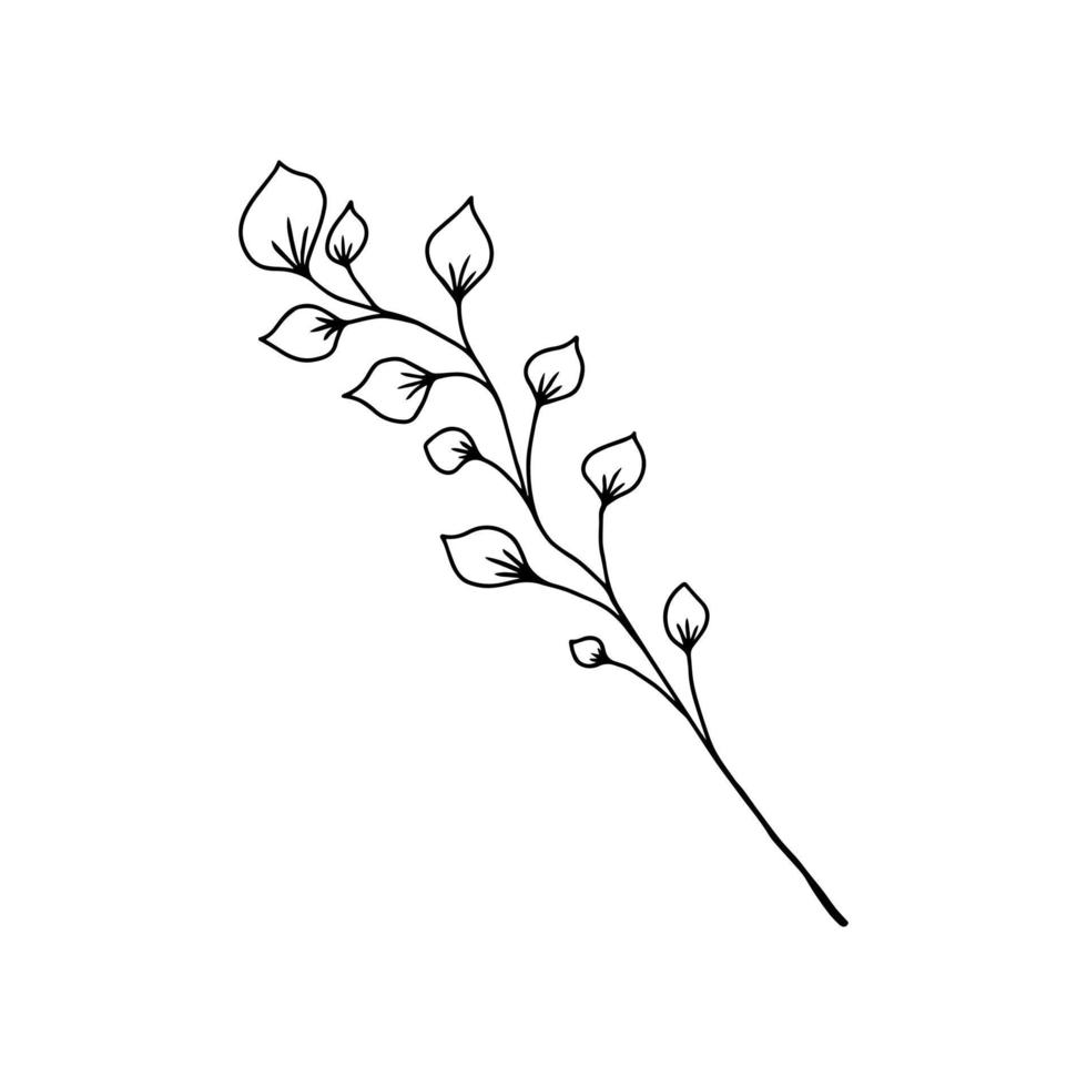 handritad stam med löv, kvist och gräs i doodle stil. trädkonstdesign. isolerade svart på vitt element för design vektor