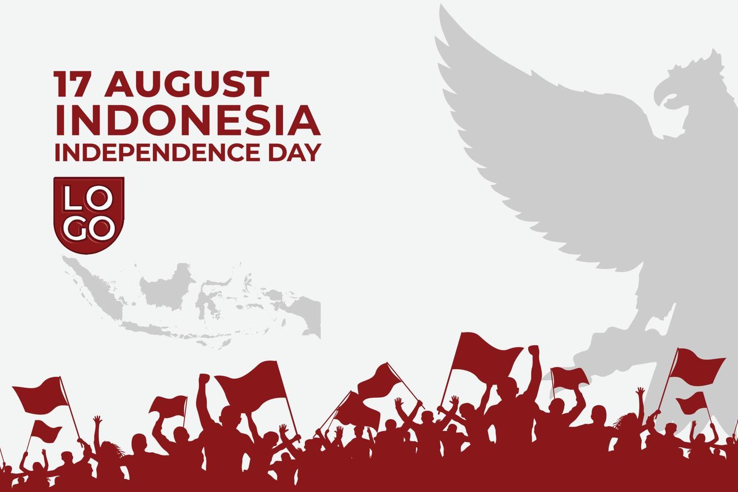 dirgahayu indonesien unabhängigkeitstag weißer hintergrundschablone mit indonesischer karte der verzierungen, euphorieleuten und flachem garuda vektor