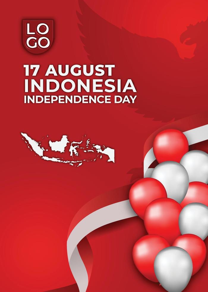 17 augusti Indonesiens självständighetsdag 3d röd mallbakgrund med ballong, flagga, garuda och karta Indonesien realistisk vektor
