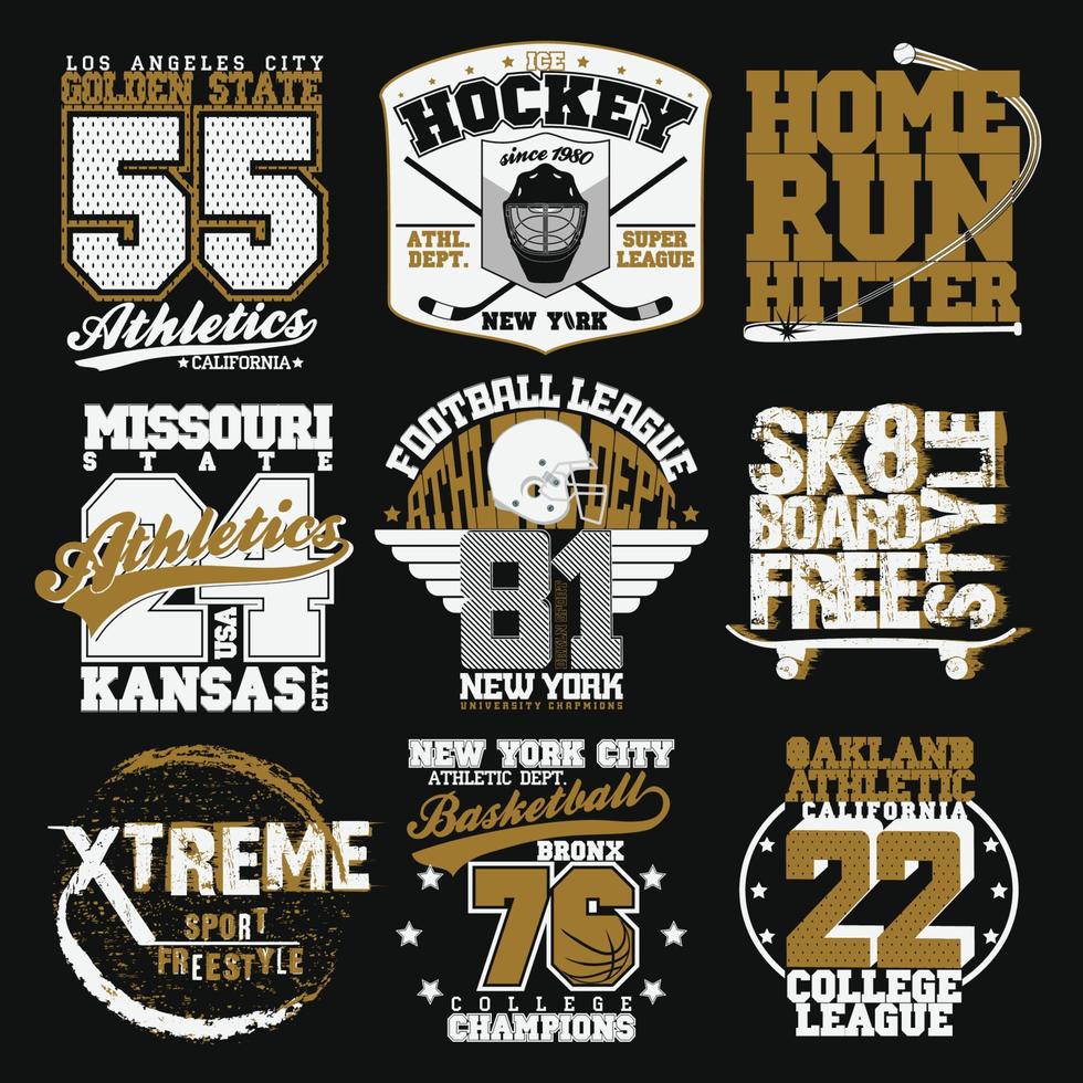 sport typografi grafik emblem set, t-shirt utskrift design. atletisk originalkläder, vintagetryck för sportkläder vektor