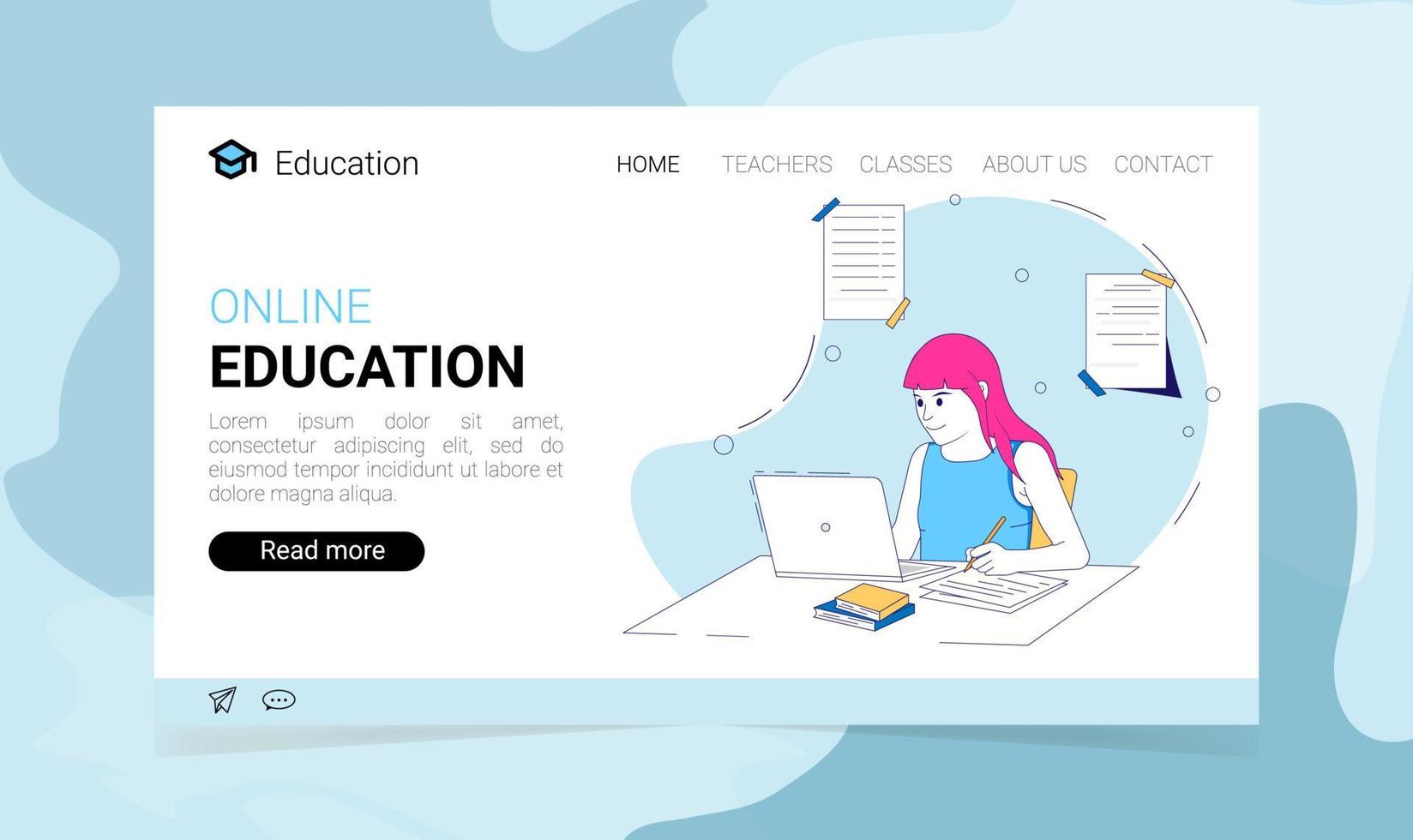 Landing Page für Online-Bildung mit einem Mädchen, das mit Computer lernt. vektorillustration im flachen stil. das konzept der online-bildungsillustration. vektor