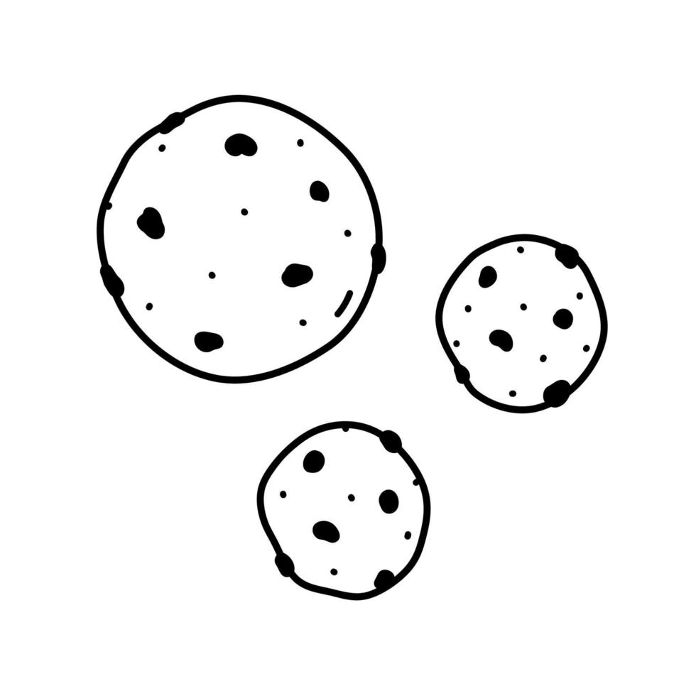 chocolate chip cookies isolerad på vit bakgrund. söt mat. vektor handritade illustration i doodle stil. perfekt för dekorationer, logotyp, meny, olika mönster.