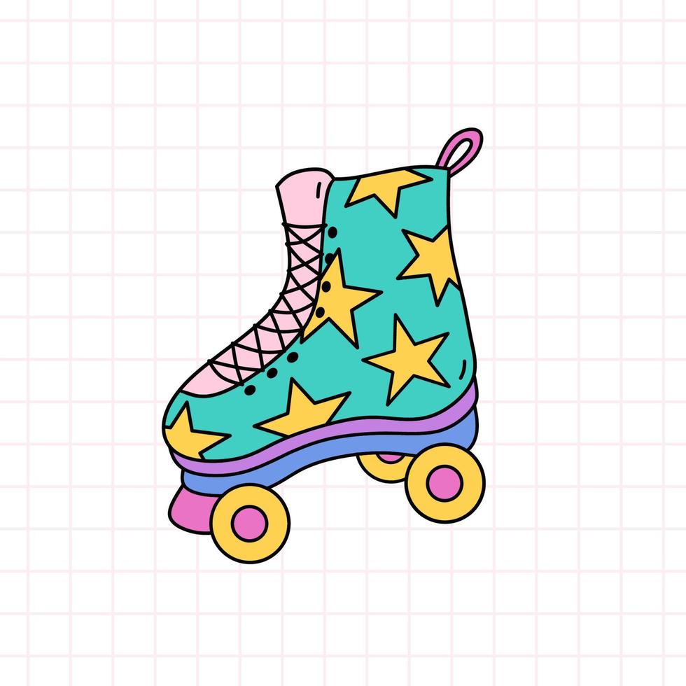 heller Quad-Rollschuh mit Sternen. Vektor-handgezeichnete Doodle-Illustration isoliert auf kariertem Hintergrund. Perfekt für Karten, Dekorationen, Logos, verschiedene Designs. Retro-Stil der 90er Jahre vektor