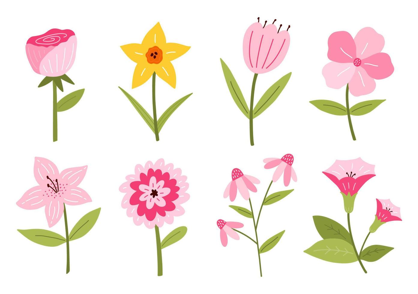 Reihe von verschiedenen niedlichen Blumen isoliert auf weißem Hintergrund. vektorillustration im handgezeichneten flachen stil. Perfekt für Karten, Logos, Dekorationen, Frühlings- und Sommerdesigns. botanische Cliparts. vektor