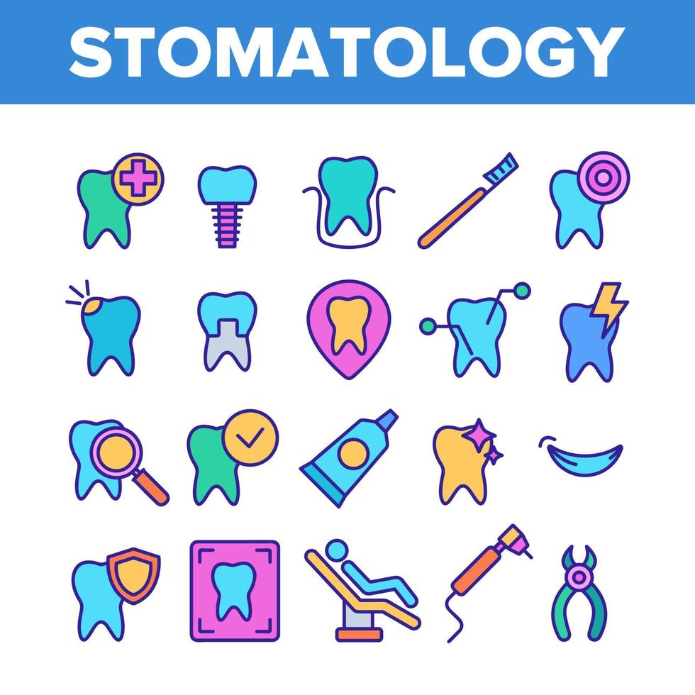 färg stomatologi och tandvård vektor linjära ikoner set
