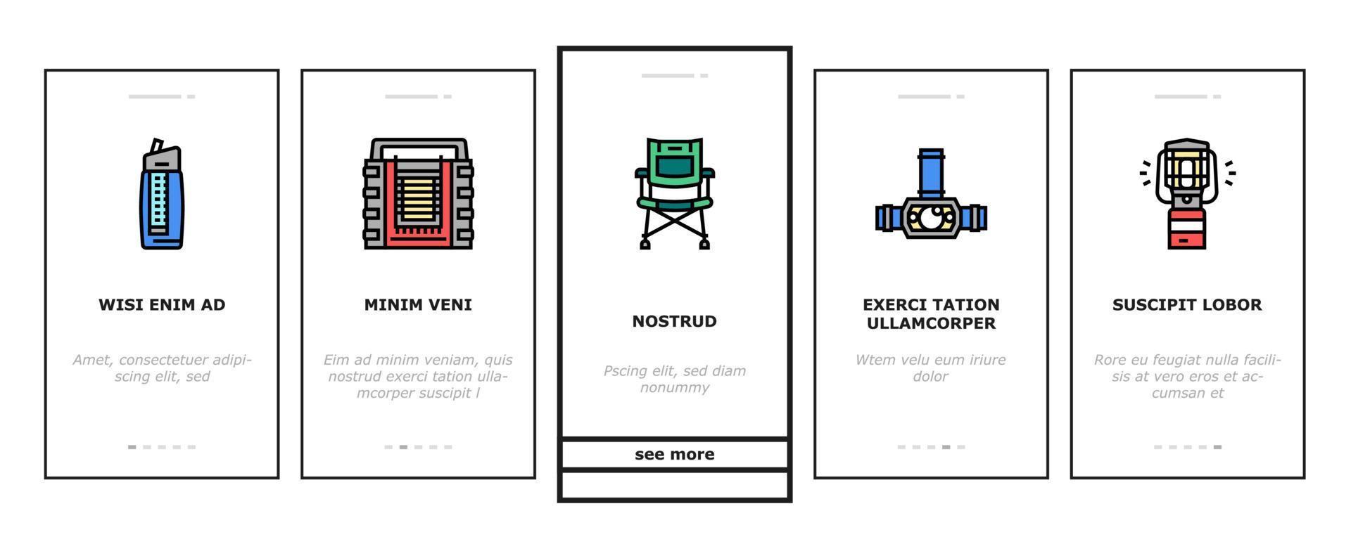 campingausrüstung und zubehör onboarding icons set vektor