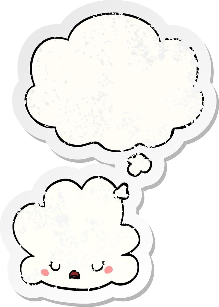 niedliche Cartoon-Wolke und Gedankenblase als beunruhigter, abgenutzter Aufkleber vektor