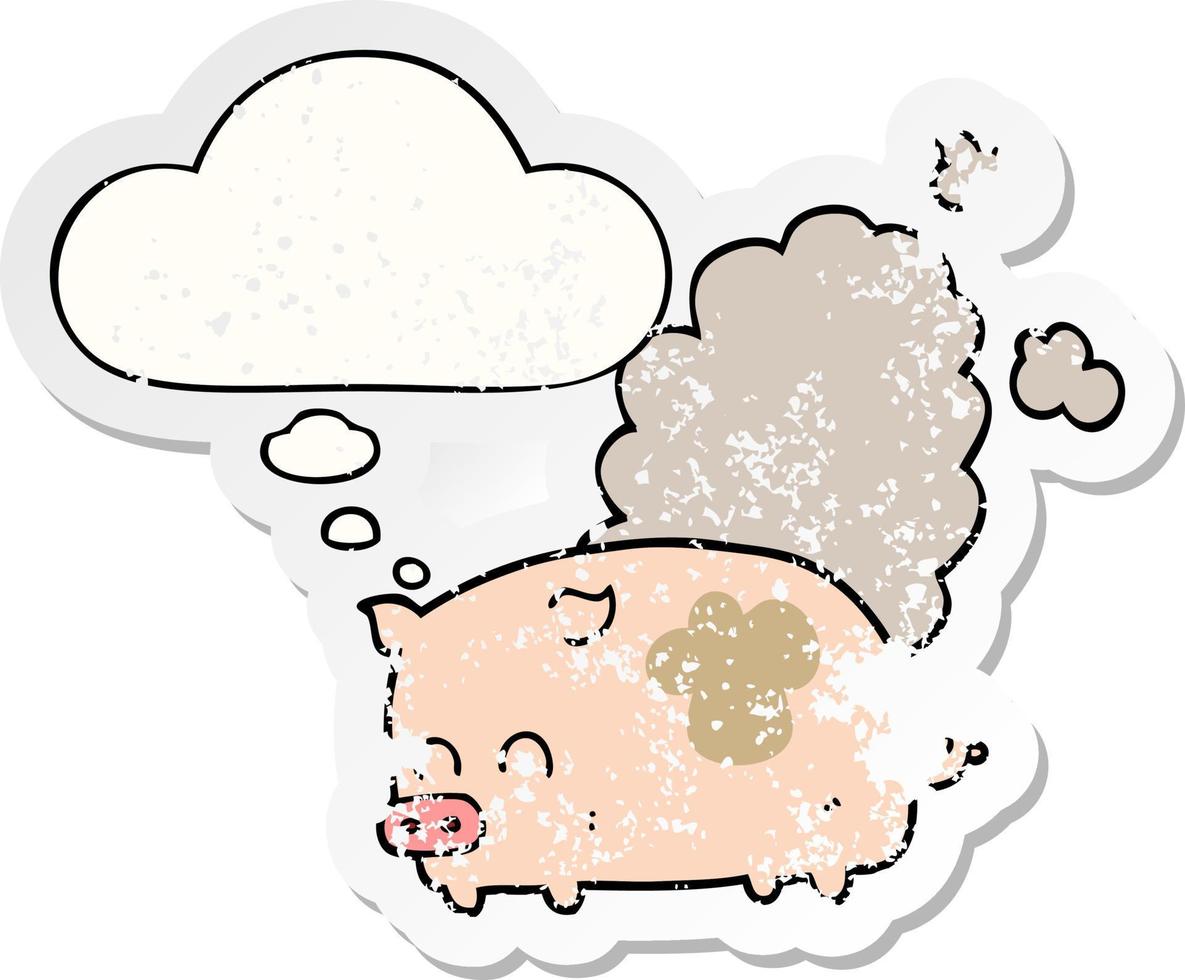 tecknad illaluktande gris och tankebubbla som en nödställd sliten klistermärke vektor