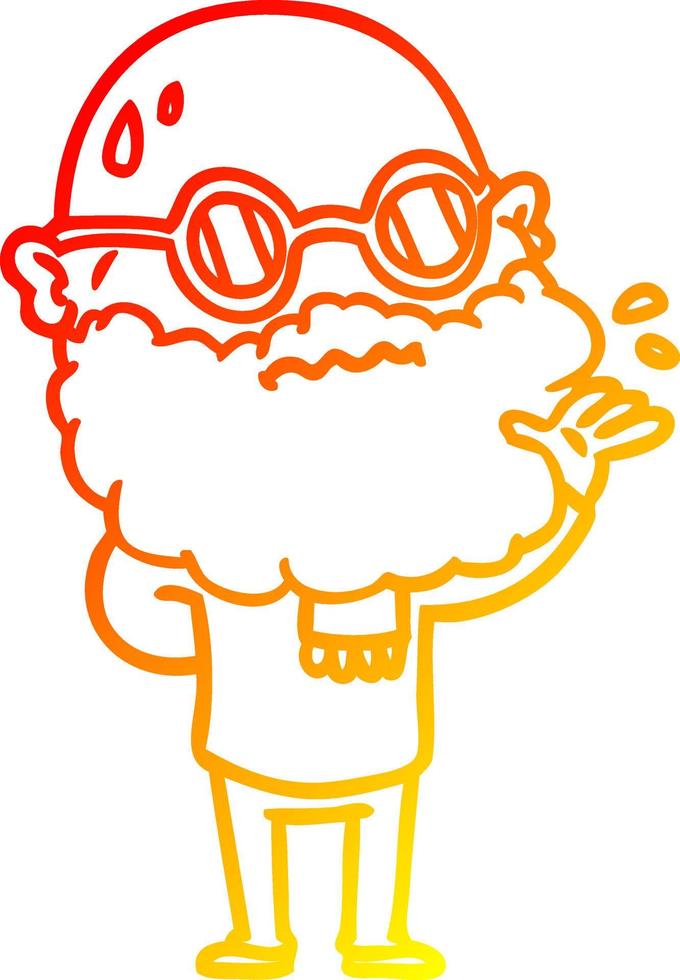 warme Gradientenlinie Zeichnung Cartoon besorgter Mann mit Bart und Brille vektor
