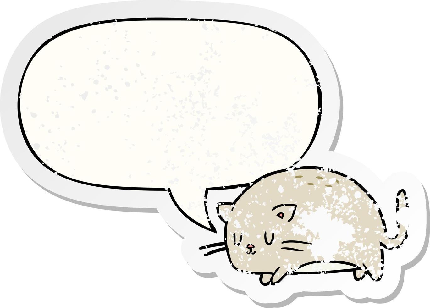 niedliche fette Cartoon-Katze und Sprechblase beunruhigter Aufkleber vektor