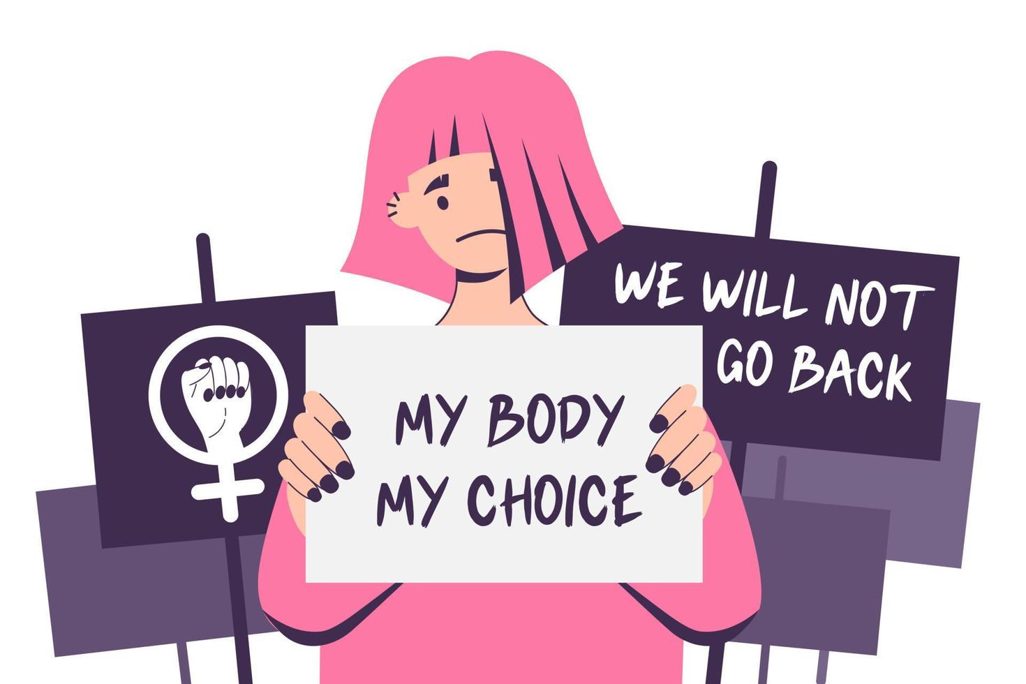 kvinnors protester för valfrihetsaktivister kvinna håller skyltar min kropp mitt val, plakat som stödjer aborträttigheter vid demonstration av protestrally. vektor