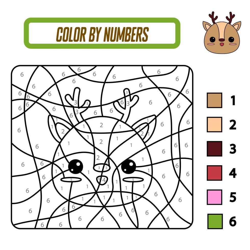 pedagogisk målarbok efter siffror för förskolebarn. söta tecknade rådjur. pedagogisk målarbok med djur. ett träningskort med uppgift för förskole- och dagisbarn. vektor