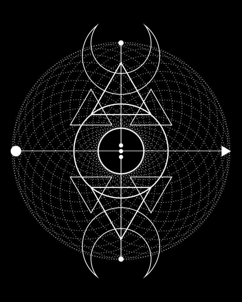 Magischer Dreifachmond. symbol der wikingergottheit, keltische heilige geometrie, wiccan white logo tattoo, esoterische dreiecke der alchemie. Objektvektorillustration des spirituellen Okkultismus lokalisiert auf schwarzem Hintergrund vektor