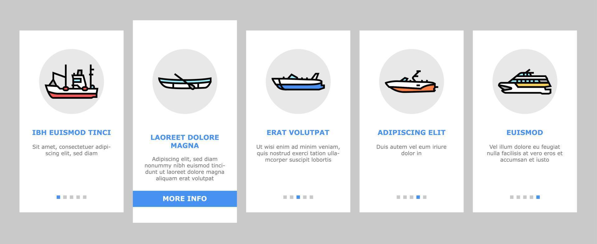 Boot Wassertransportarten Onboarding-Symbole setzen Vektor