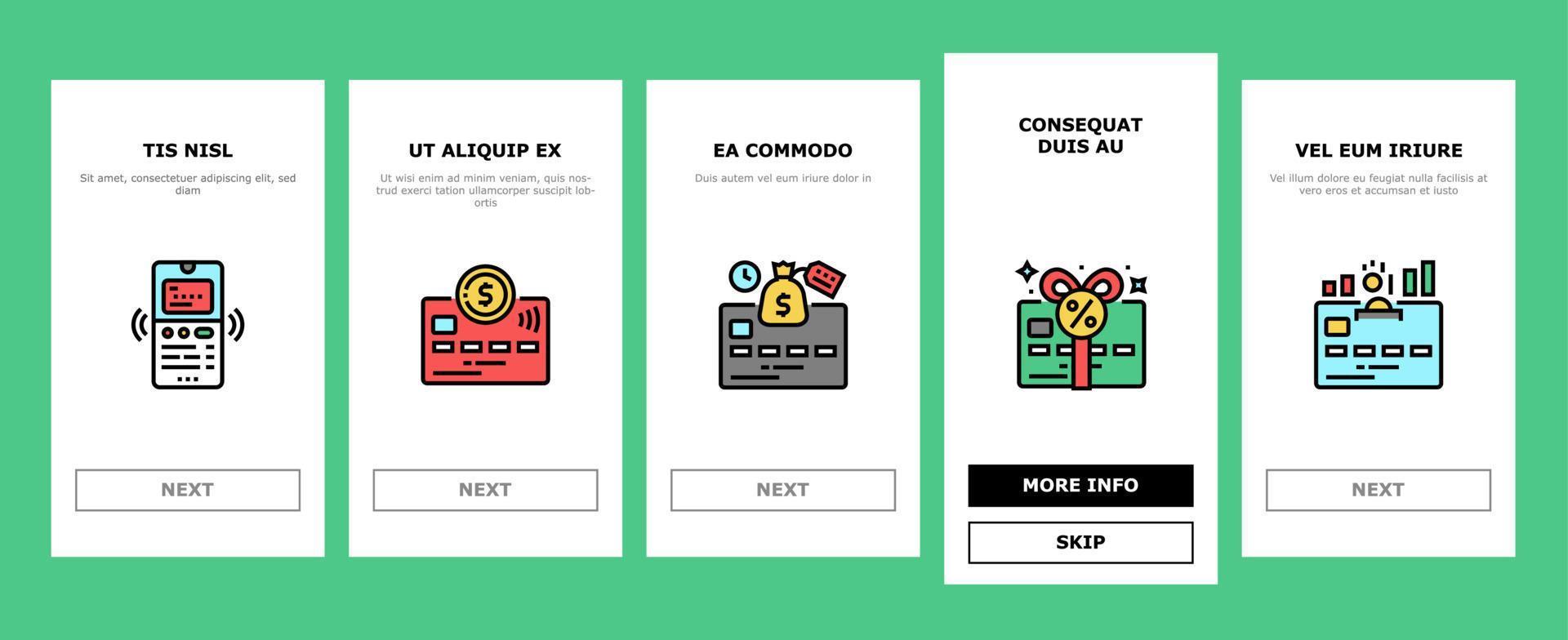 Onboarding-Symbole für Plastikkartenzahlungen setzen Vektor