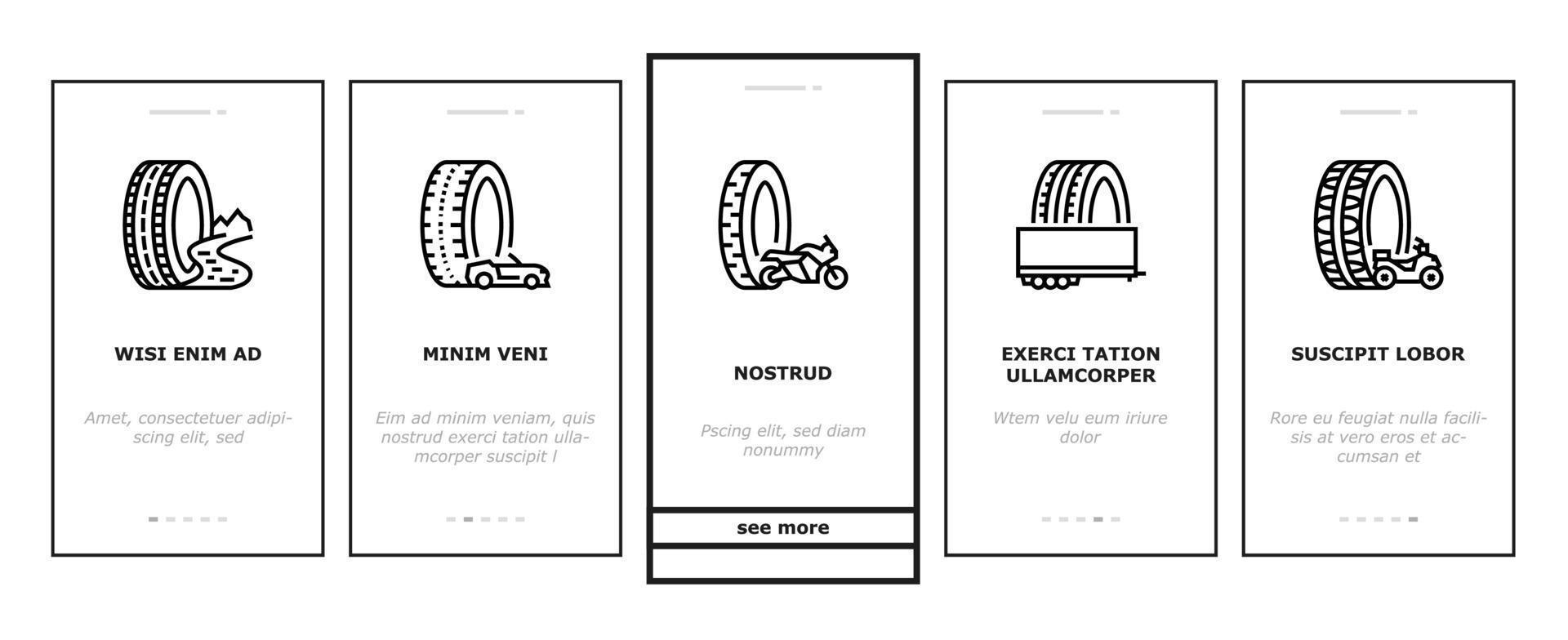 Onboarding-Symbole für gebrauchte Reifenverkaufsgeschäfte setzen Vektor