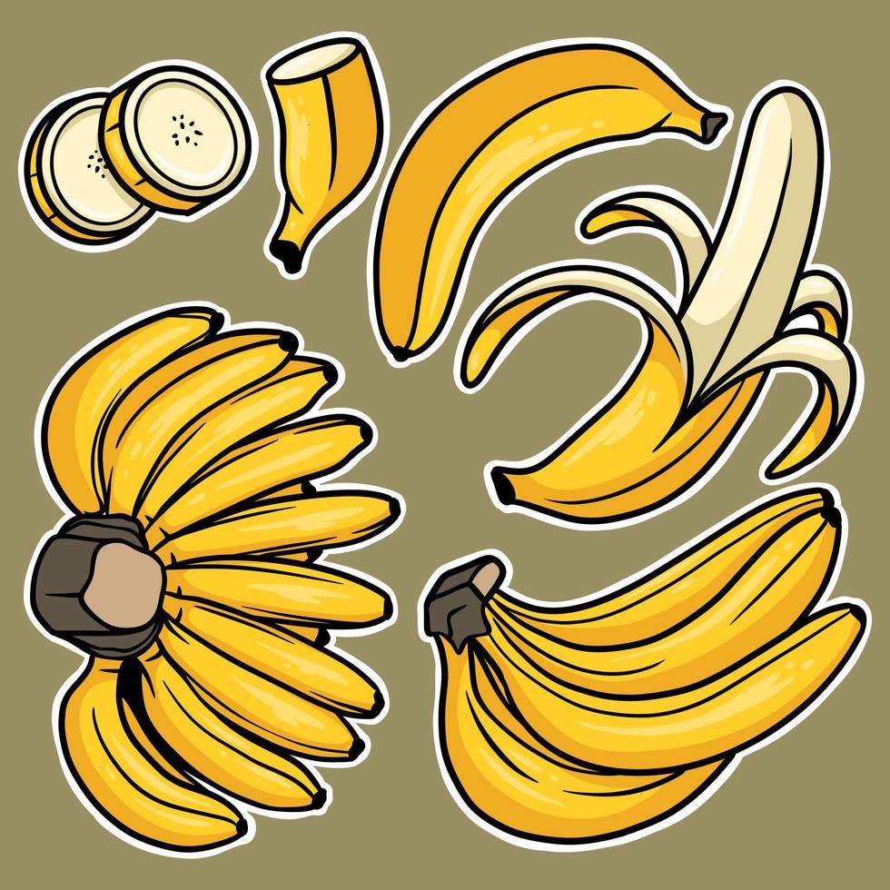 aufklebersatz hand gezeichnete bananenkarikaturillustration vektor