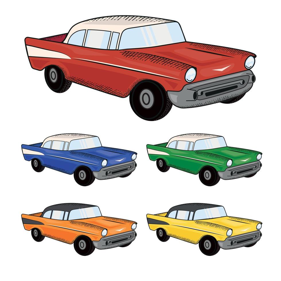 uppsättning av retro bil cabriolet realistisk. lyx vintage bil röd blå grön gul orange, objekt isolerad på vit bakgrund. period från 40- till 80-talet. vektor illustration