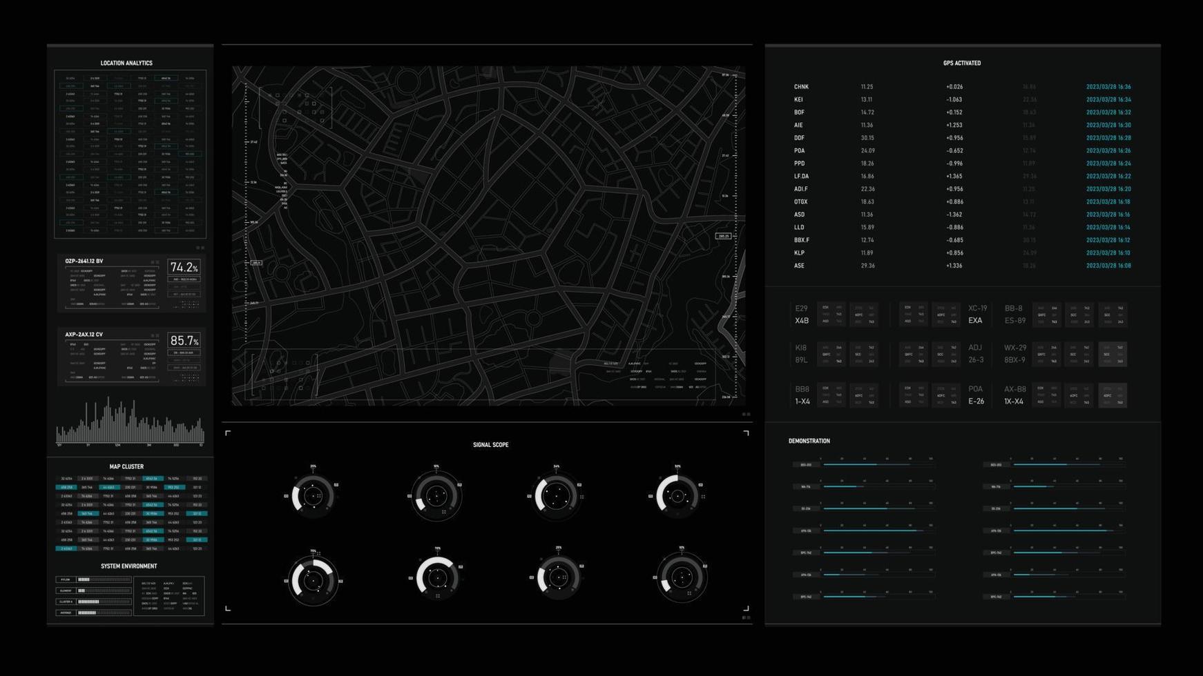 sci-fi futuristische benutzeroberfläche hud design panel für business app. abstraktes technologiekonzept, technologiekonzept fui widescreen-seitenverhältnis, hologramm, kommunikation, statistik, daten, infografik vektor