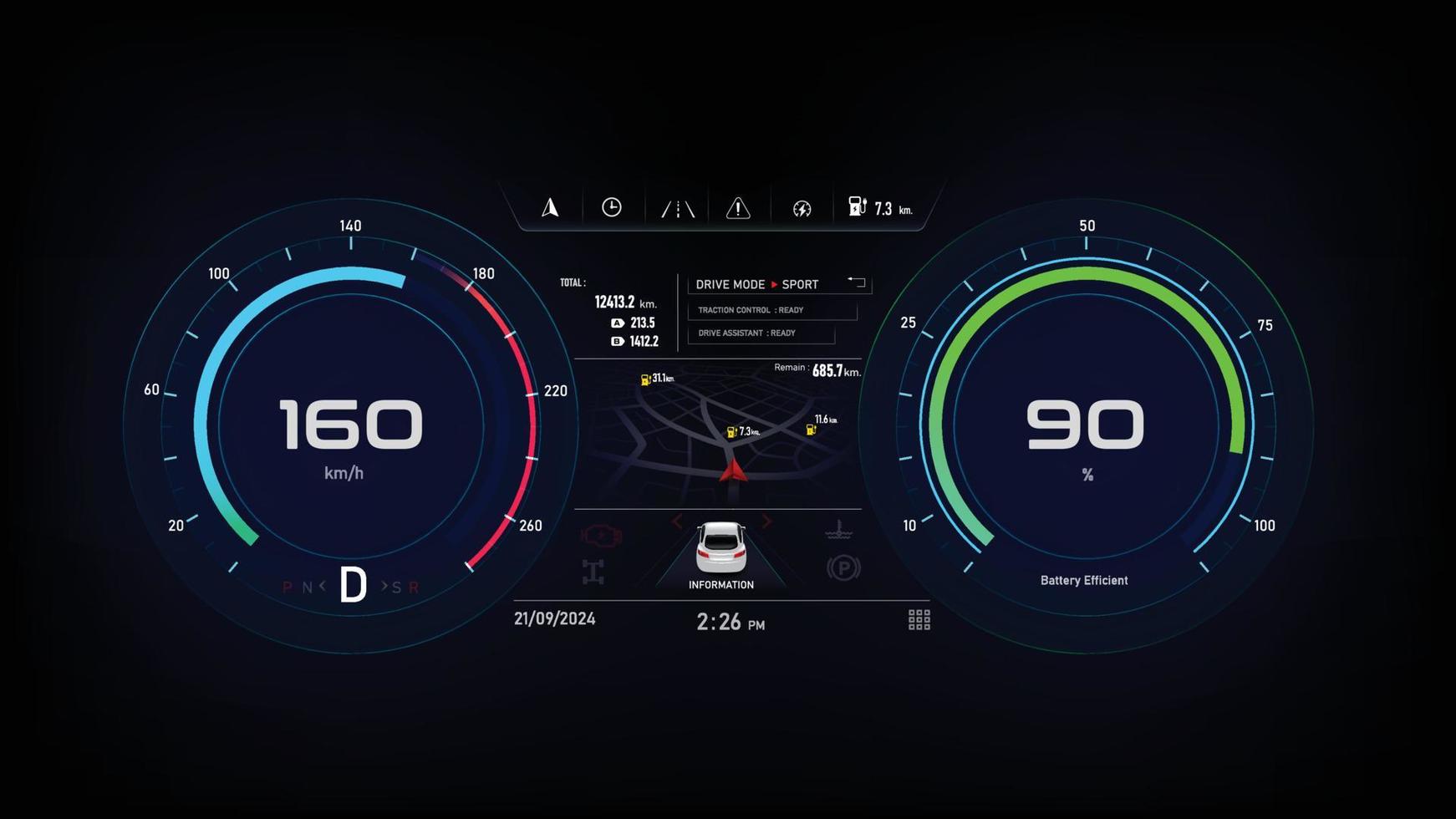 EV-Auto-Panel, Elektrofahrzeug-Armaturenbrett-Designelement, eleganter und einfacher Stil für alternative, nachhaltige, saubere Energie und futuristisches Transportkonzept, Kreistacho des Autos vektor